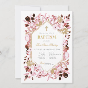 Convite de Batismo Floral Rosa e Dourado para Meni