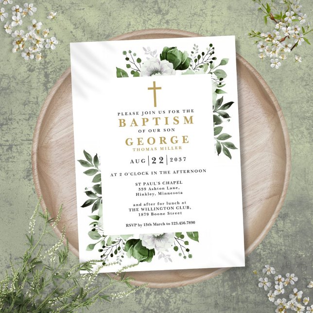 Convite de Batismo Floral Verde Oliva Moderno Botâ (Olive Green Floral Botanical Modern Baptism Invitation)