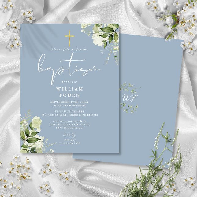 Convite de Batismo Floral Verde Poeira Azul (Greenery Floral Dusty Blue Baptism Invitation Postcard)