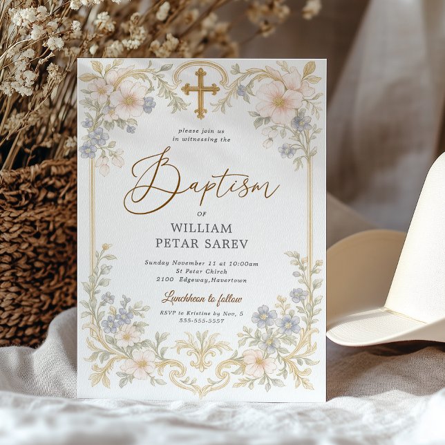 Convite de Batismo Floral Vintage Cruz Ornamentada (Religious Baptism Invitation Card with Cross and Vintage Florals)