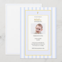 Convite de Batismo Foto Azul Dourado Elegante