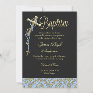 Convite de Batismo Holy Cross & Damask Azul Preto