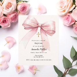 Convite de Batismo menina creme laço rosa