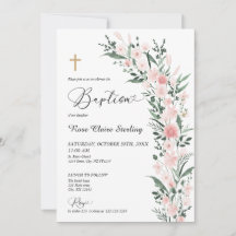 Convite de Batismo Menina Flor Silvestre Rosa Bege