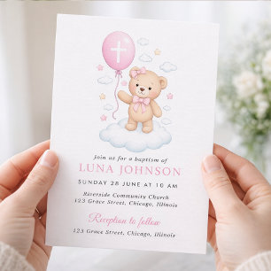 Convite de Batismo Menina Urso de Pelúcia Rosa