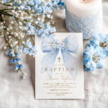 Convite de Batismo Menino com Laço Floral Azul