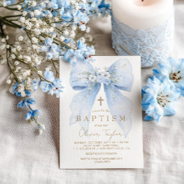 Convite de Batismo Menino com Laço Floral Azul