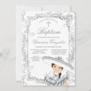 Convite de Batismo Mexicano Charro de Menina Prata