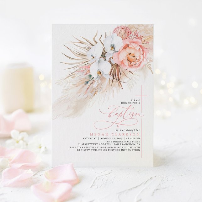 Convite de Batismo Moderno com Grama de Pampas Flo (Boho Floral Botanical Baptism Invitations )