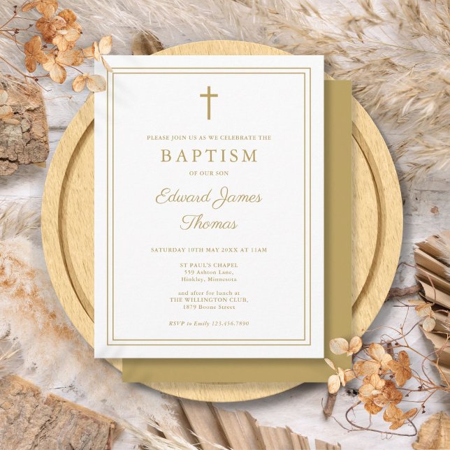 Convite de Batismo Moderno Elegante Chique com Bor (Modern Elegant Chic Gold Border Baptism Invitation Postcard)