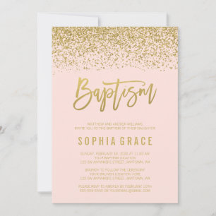 Convite de Batismo Moderno Rosa Bege Dourado Brilh