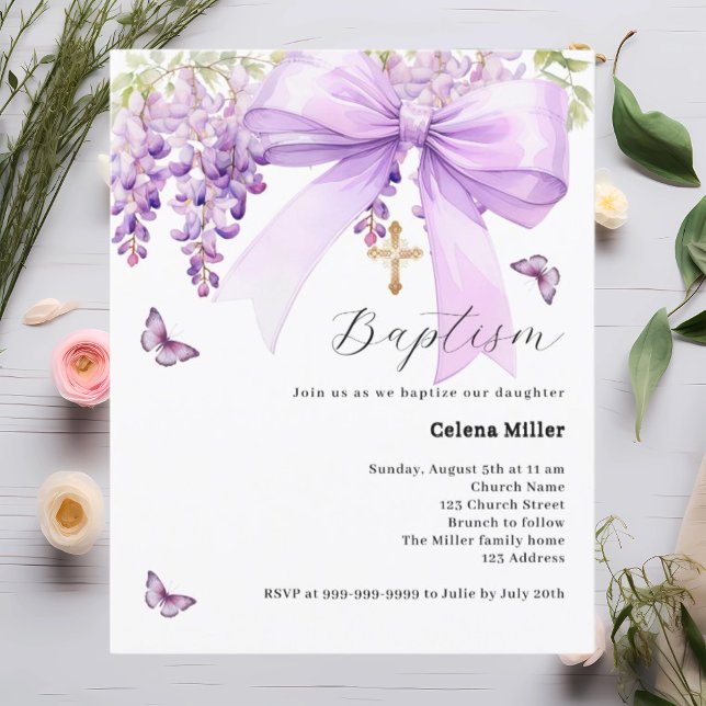 Convite de batismo para menina com laço de lavanda (Criador carregado)