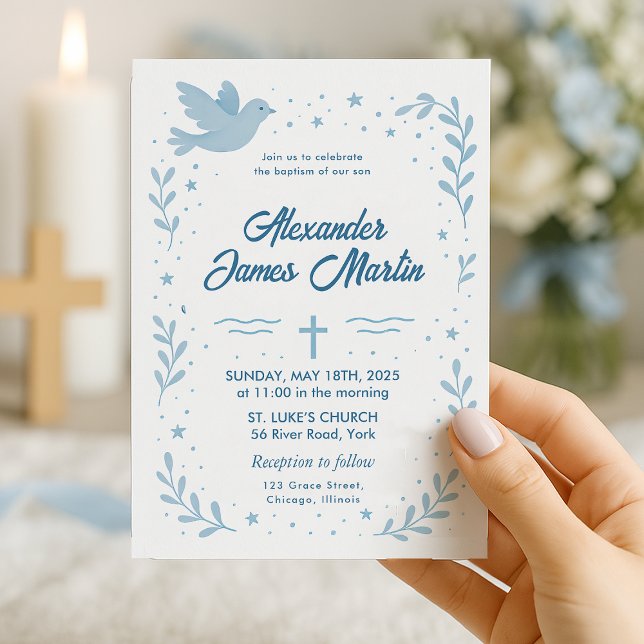 Convite de Batismo Personalizado com Pombo e Estre (baptism-invitation-blue-dove-stars

)
