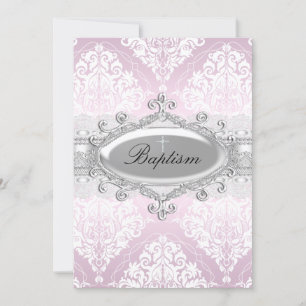 Convite de Batismo Pink Damask & Jewel Cross