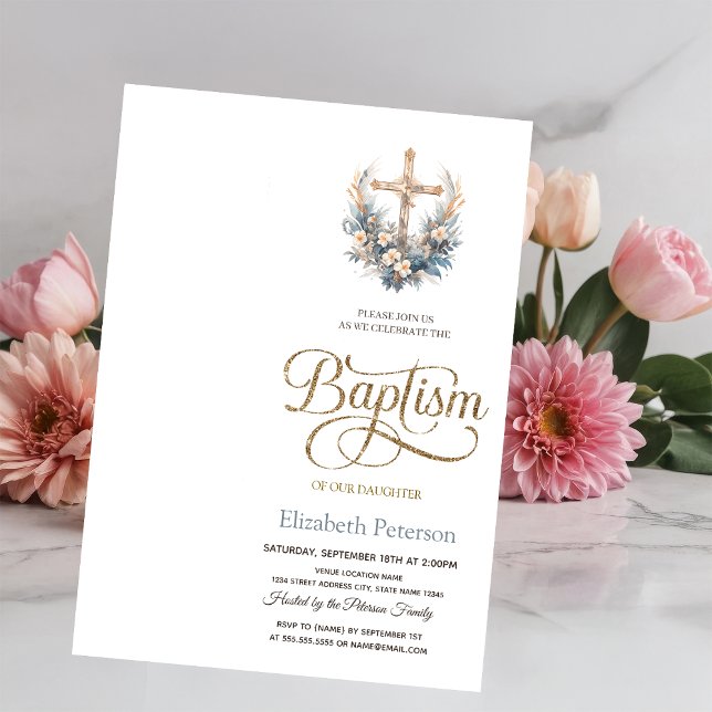 Convite de Batismo Pontilhado Cruz Floral Elegante (Criador carregado)