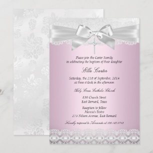 Convite de Batismo Pretty Pink Lace Cross