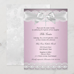 Convite de Batismo Pretty Pink Lace & Cross