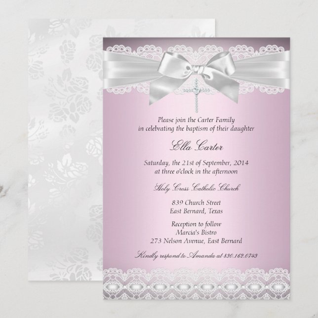 Convite de Batismo Pretty Pink Lace & Cross (Frente/Verso)