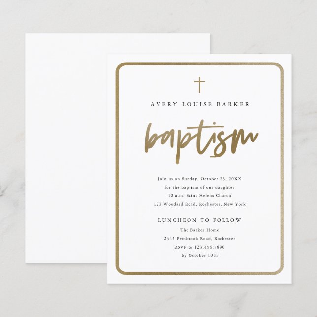 Convite de Batismo Religioso com Roteiro de Ouro E (Frente/Verso)