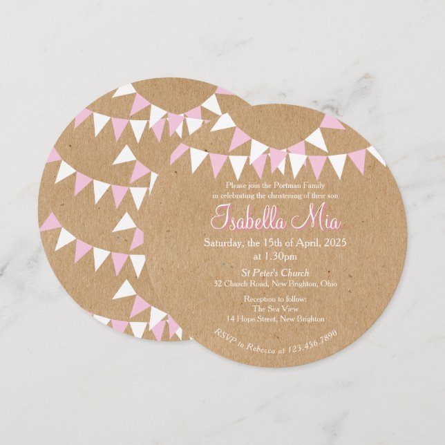Convite de Batismo Rosa Baby Bunting (Frente/Verso)