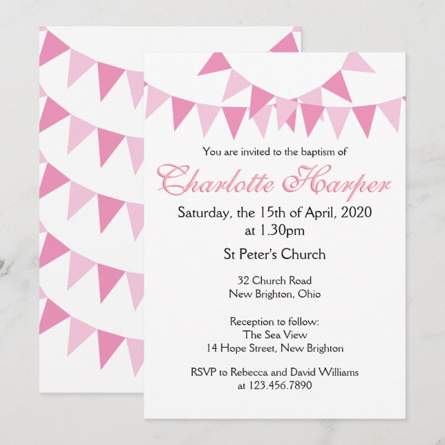 Convite de Batismo Rosa Baby Bunting (Frente/Verso)