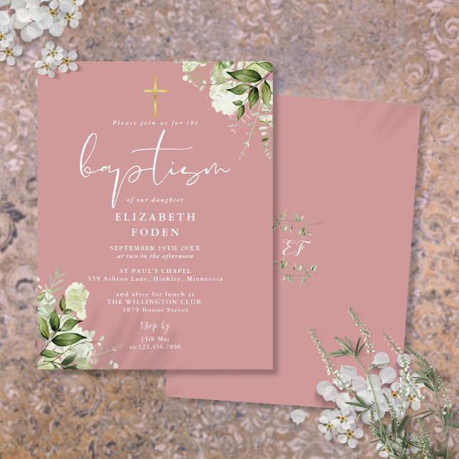 Convite de Batismo Rosa Poeira Floral Verde (Greenery Floral Dusty Rose Pink Baptism Invitation Postcard)