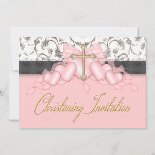 Convite de Batismo Rosa Preto Dourado Cruz Meninas