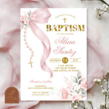 Convite de Batismo Rosário Coquette Rosa Elegante