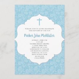 Convite de Batismo Trendy Boy, damask azul