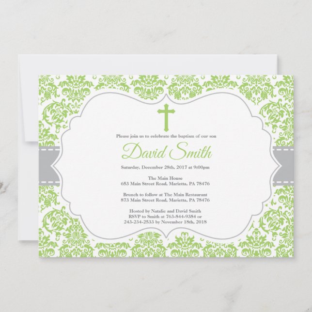 Convite de Batismo Verde e Cinza Damask (Frente)