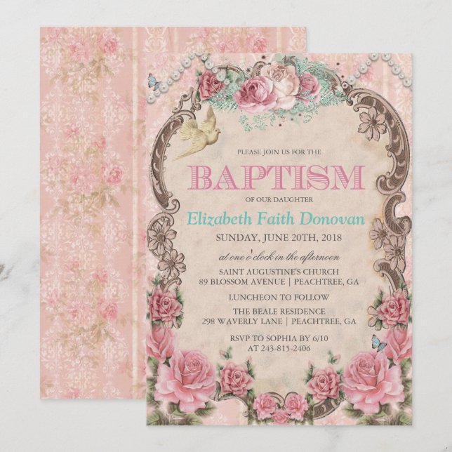 Convite de Batismo Vintage Shabby Chic (Frente/Verso)