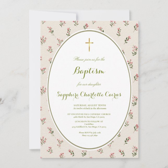 Convite de Batizado de Menina com Aquarela de Flor (Frente)