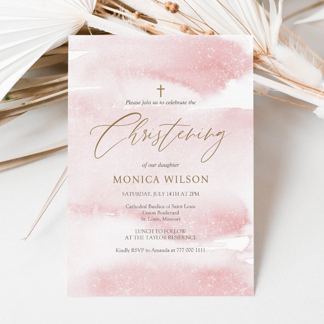 Convite de Batizado de Menina com Aquarela Rosa De (Dusty Pink Watercolor Girl Christening Invitation Card)