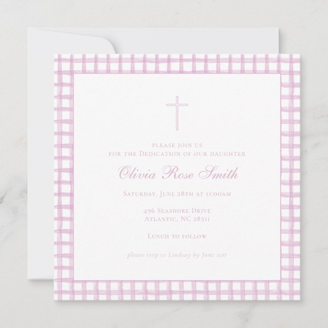 Convite de Batizado/Dedicação em Xadrez Rosa (Frente)