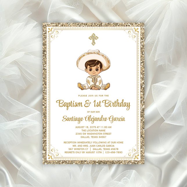 Convite de Batizado e Aniversário Gold Charro (All text can be changed for your event.)