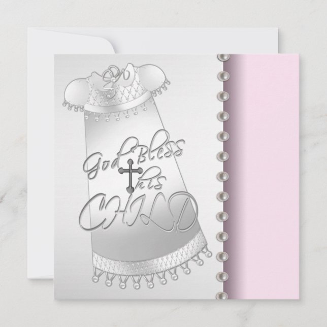Convite de Batizado Menina Pérolas Rosa Branco (Frente)
