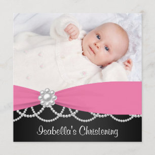 Convite de Batizado Meninas Pérola Rosa e Preto Fo