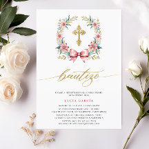 Convite de Batizado Rosa e Dourado