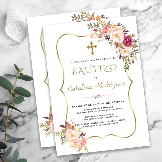 Convite De Bautizo Con Flores Dourada Rapariga Bat (bautizo pink flowers invitation elegant trendy modern)