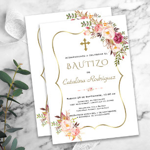 Convite De Bautizo Con Flores Dourado Batismo