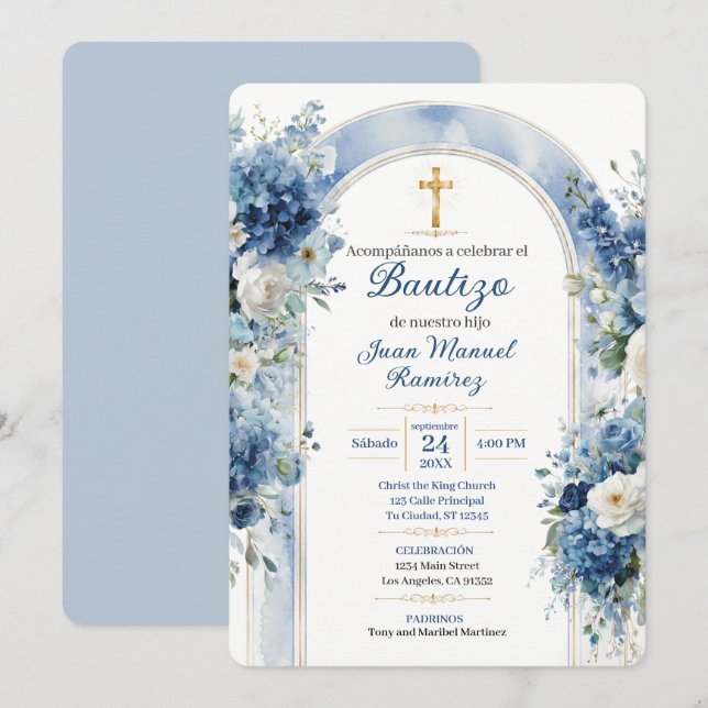 Convite de Bautizo de Batismo Floral Azul para Men (Frente/Verso)
