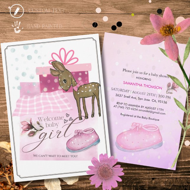 Convite de Bebê Sapatinho Rosa e Cerva em Aquarela (Cute Watercolor Fawn and Pink Shoe Baby Invitation)