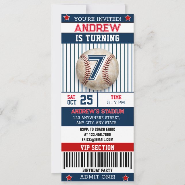 Convite de beisebol pessoal estilo ingresso para m (Frente)