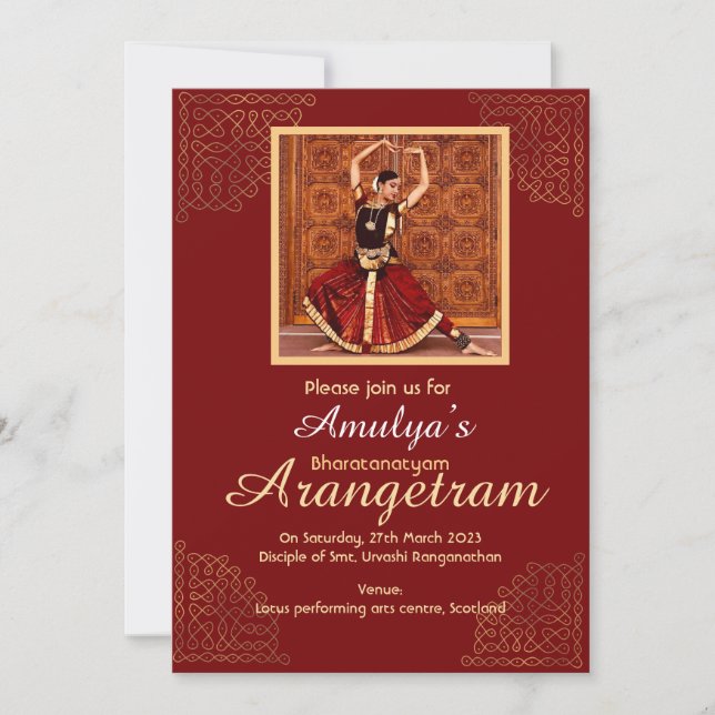 Convite de Bharatanatyam Arangetram com sua foto (Frente)