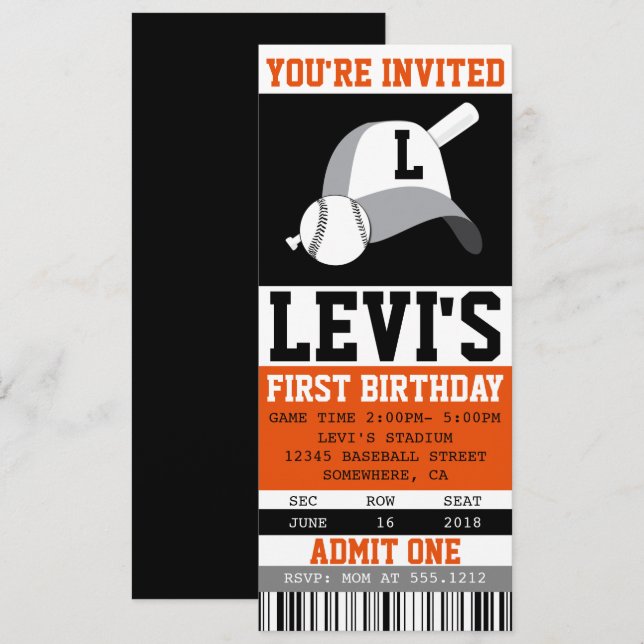 CONVITE DE BILHETE BASEBALL (Frente/Verso)