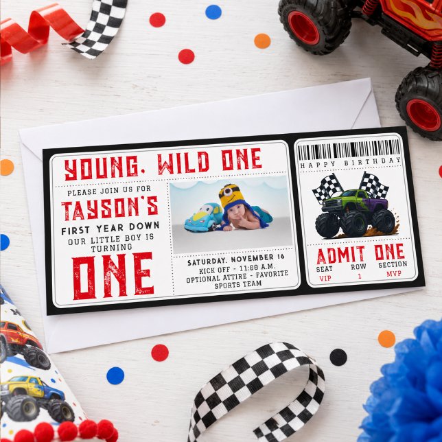 Convite de Bilhete de Aniversário de 1º Ano de Mon (Monster Trucks 1st Birthday Ticket Invitation
)