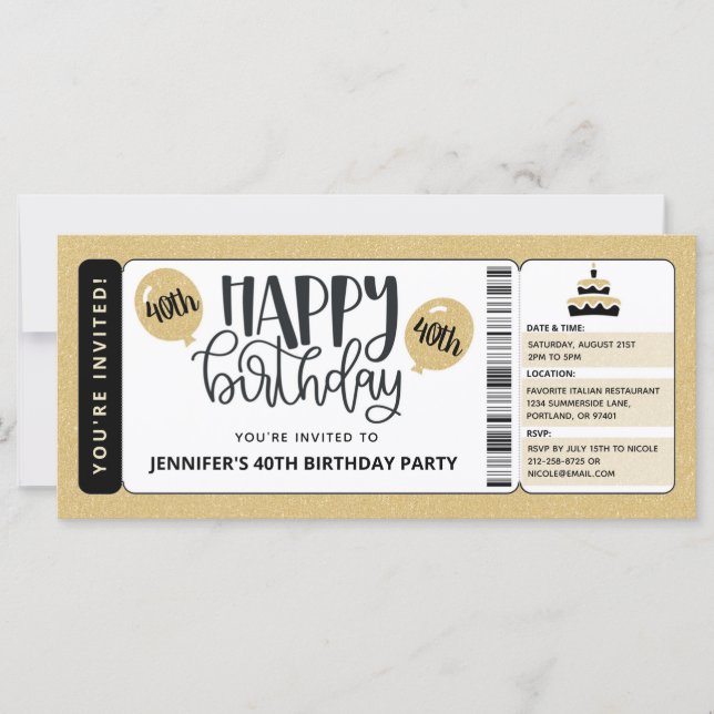 Convite de Bilhete de Aniversário de 40 anos Black (Frente)