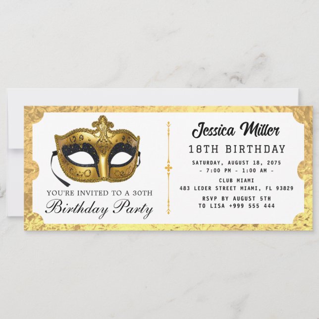 Convite de Bilhete de Aniversário Dourado (Frente)
