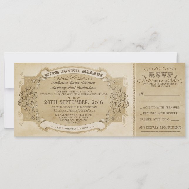 CONVITE DE BILHETE DE casamento vintage COM RSVP (Frente)