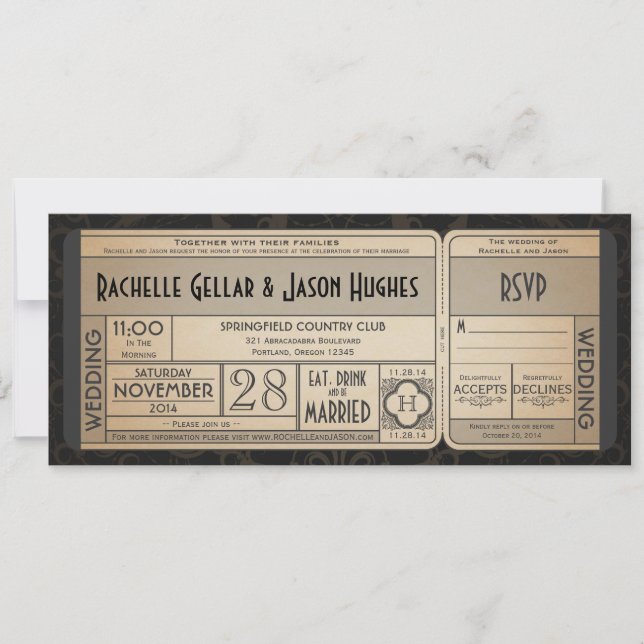 Convite de Bilhete de Casamento Vintage com RSVP I (Frente)